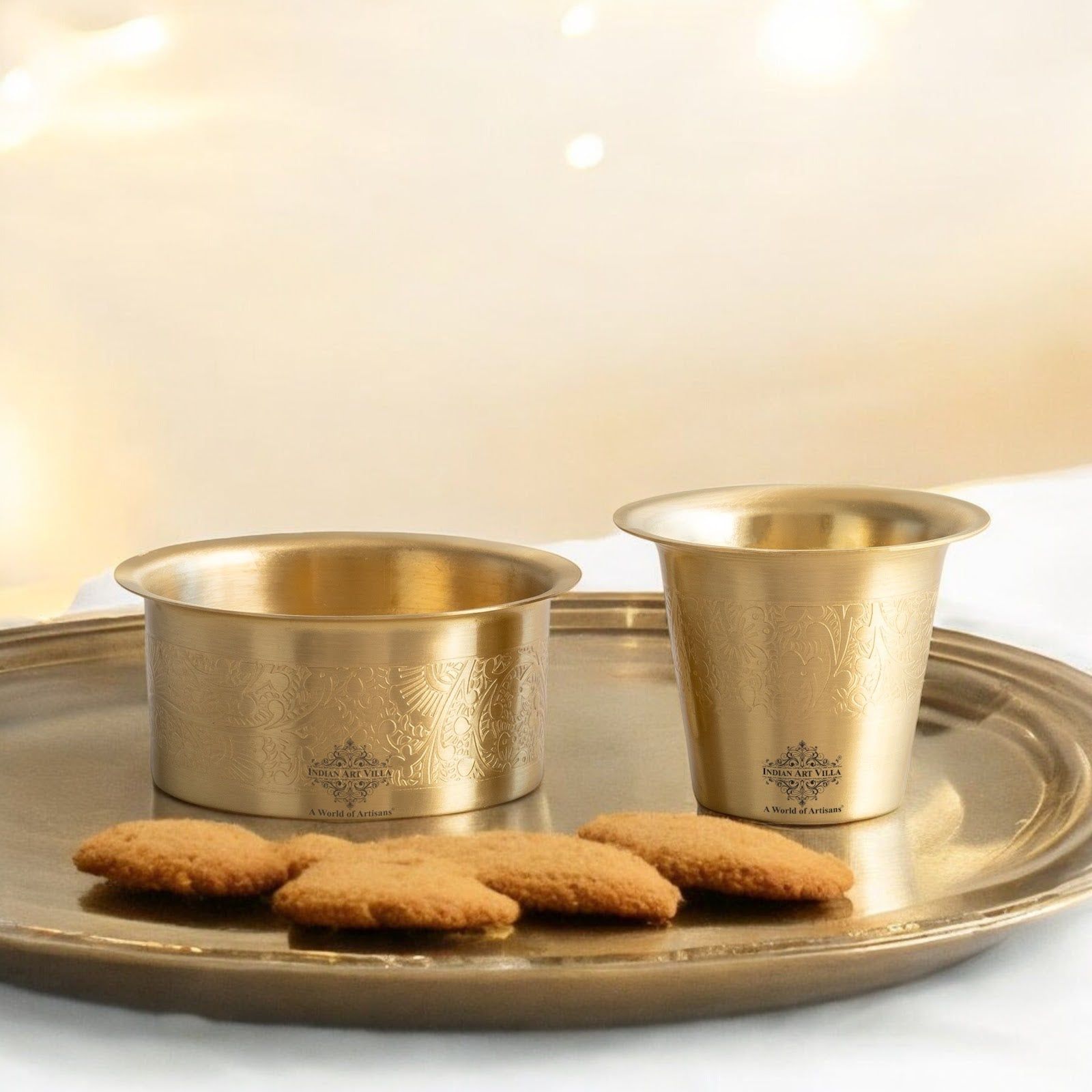 Pure Brass Dabra Set With 290 ML Capacity - Embossed Finish